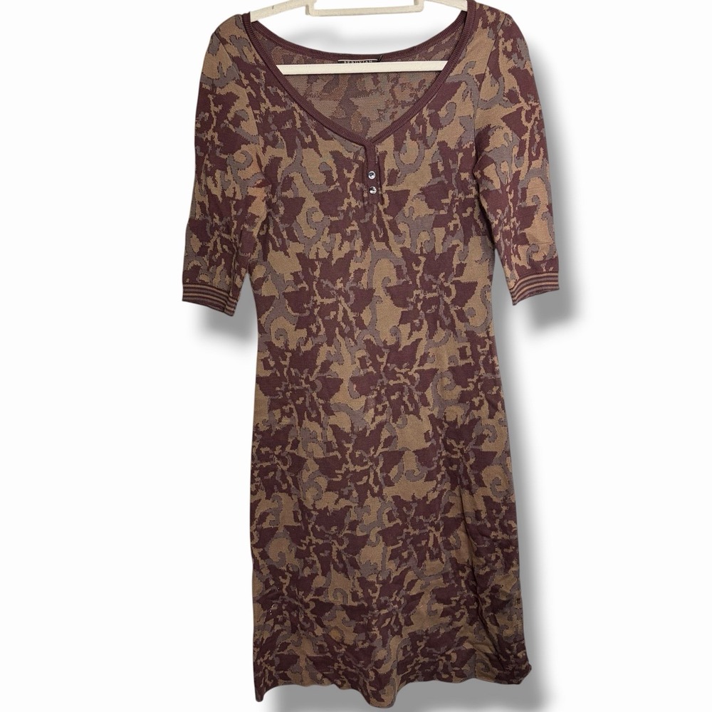Peruvian Connection Dress Womens Brown Floral Pima Jersey Midi 3/4 Sleeve MED